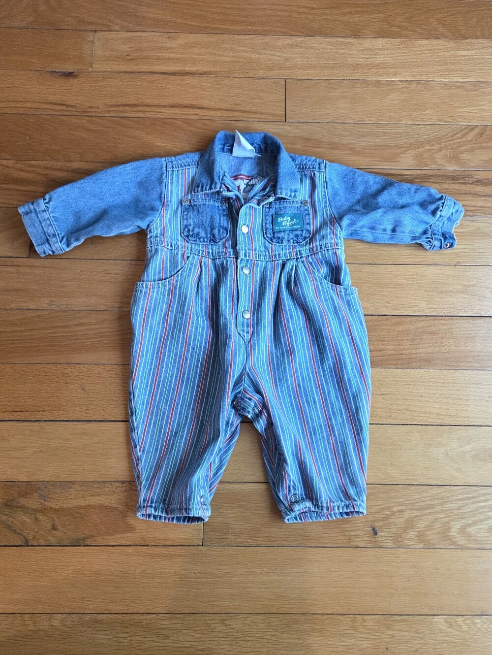 Rare Find! Vintage OshKosh B'gosh Denim Teddy Bear Striped Romper Made In USA